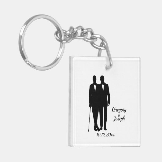 Gay Wedding Grooms met Namen en Datum Sleutelhanger (Voorkant Links)