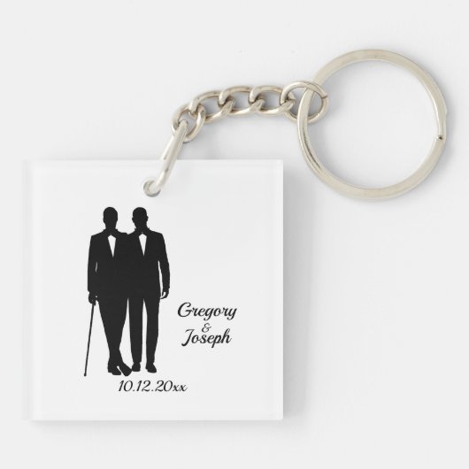 Gay Wedding Grooms met Namen en Datum Sleutelhanger (Achterkant)