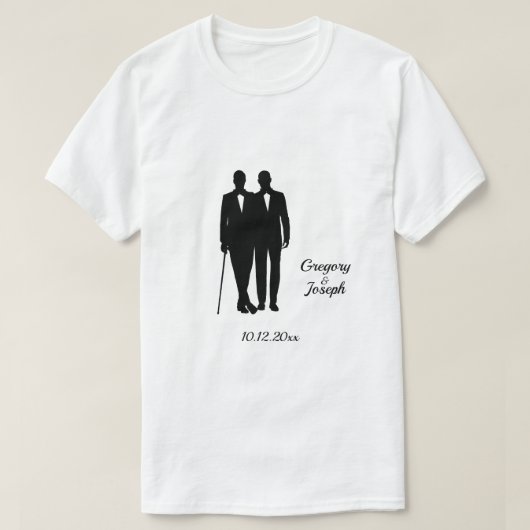 Gay Wedding Grooms met Namen en Datum T-shirt (Design voorkant)
