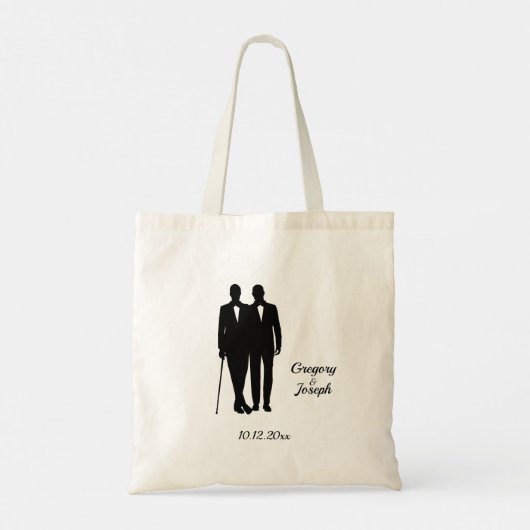 Gay Wedding Grooms met Namen en Datum Tote Bag (Achterkant)