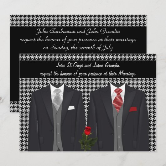 Gay Wedding Invitation met Two Tuxedos en Roos Kaart (Voorkant / Achterkant)