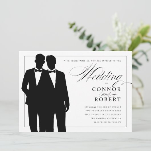 Gay Wedding Invitation Two Grooms Silhouettes Kaart (Staand voorkant)