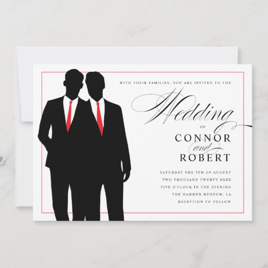 Gay Wedding Invitation Two Grooms Silhouettes Red Kaart (Voorkant)