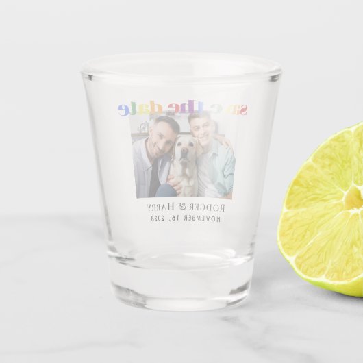 Gay Wedding Photo Save the Date Shot Glas (Achterkant)