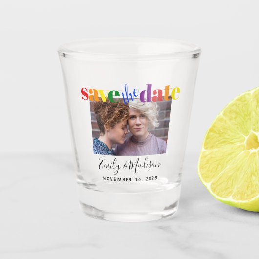 Gay Wedding Rainbow Save the Date Photo Shot Glas (Voorkant)