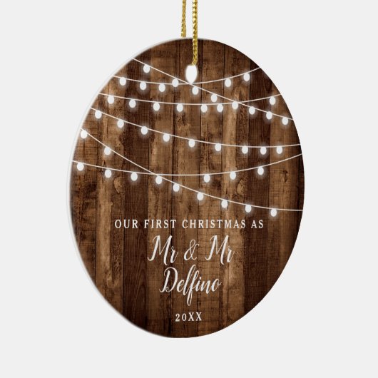 Gay Wedding Rustic Wood String Lights Keramisch Ornament (Rechts)