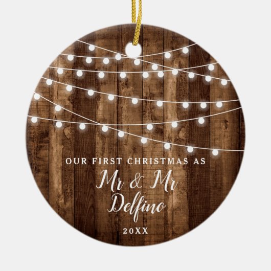 Gay Wedding Rustic Wood String Lights Keramisch Ornament (Voorkant)