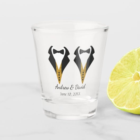Gay Wedding Shot Glass met Matching Tuxedos Glas (Voorkant)