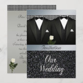 Gay Wedding Uitnodiging met Tuxedo en White Rose (Voorkant / Achterkant)