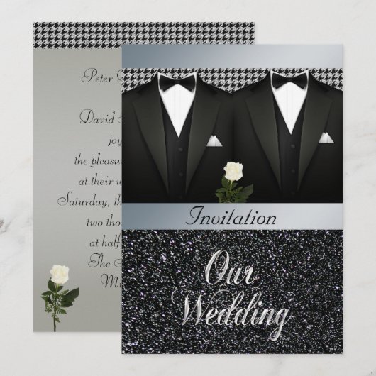 Gay Wedding Uitnodiging met Tuxedo en White Rose (Voorkant / Achterkant)