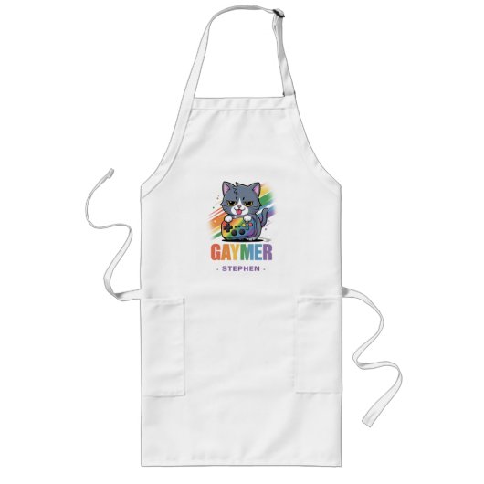 Gaymer - Rainbow Gaming Cat met Console | LGBTQ 2 Lang Schort (Voorkant)