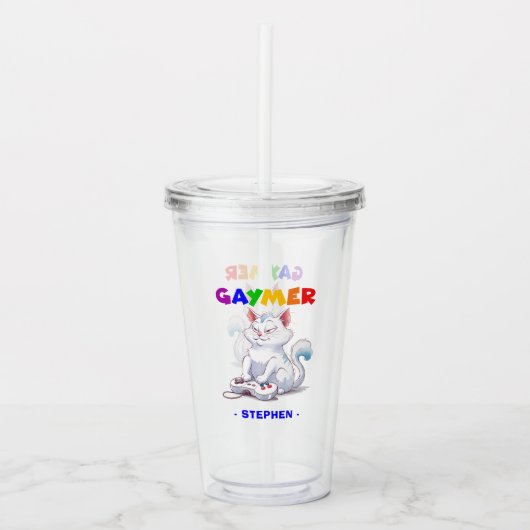 Gaymer - Rainbow Gaming Cat met Console | LGBTQ Acryl Drinkbeker (Voorkant)
