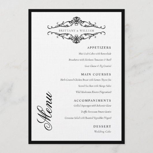 [GAZELLE] Elegante zwart-wit monochrome bruiloft Menu (Voorkant)