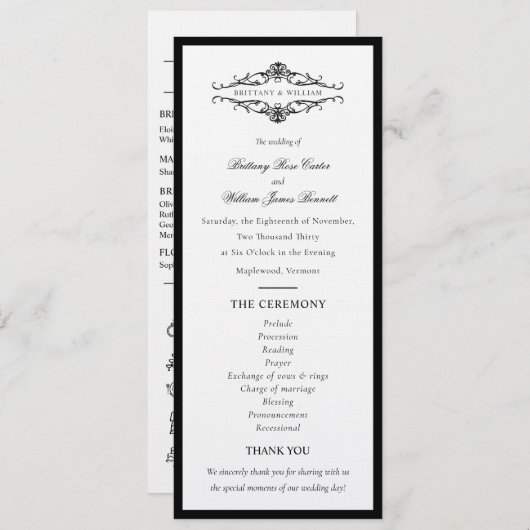 [GAZELLE] Elegante zwart-wit monochrome bruiloft Programmakaart (Voorkant / Achterkant)