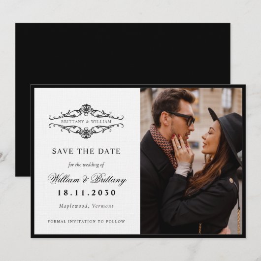 [GAZELLE] Elegante zwart-wit monochrome bruiloft Save The Date (Voorkant / Achterkant)