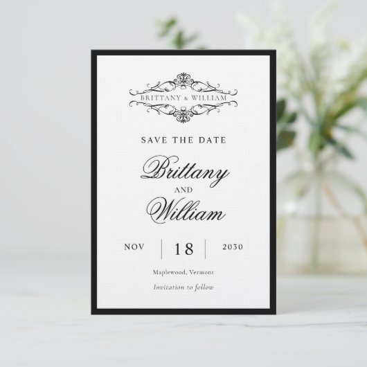 [GAZELLE] Elegante zwart-wit monochrome bruiloft Save The Date (Staand voorkant)