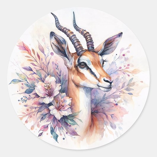 Gazelle Floral Watercolor Ronde Sticker (Voorkant)