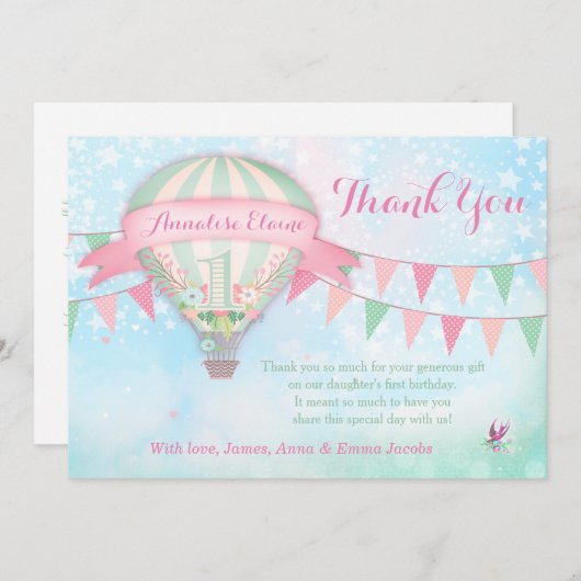 GC Hot Air ballon, eerste verjaardag Bedankkaart (Voorkant / Achterkant)