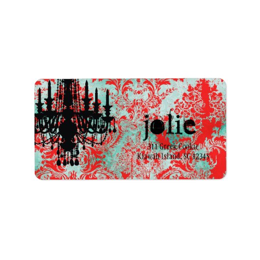 GC | Jolie Kroonluchter Turquoise Red Damask Etiket (Voorkant)