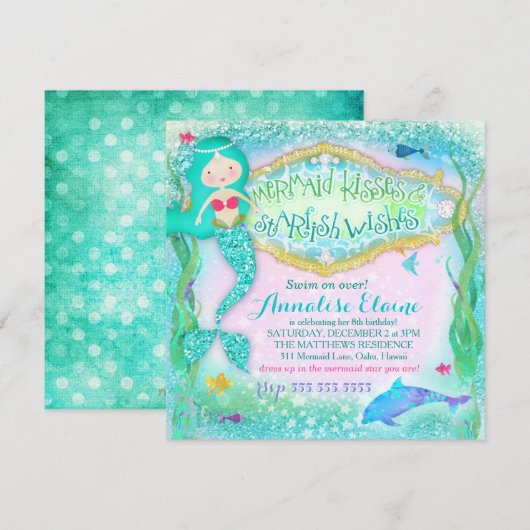 GC Magical Mermaid Invitation Glitter Kaart (Voorkant / Achterkant)