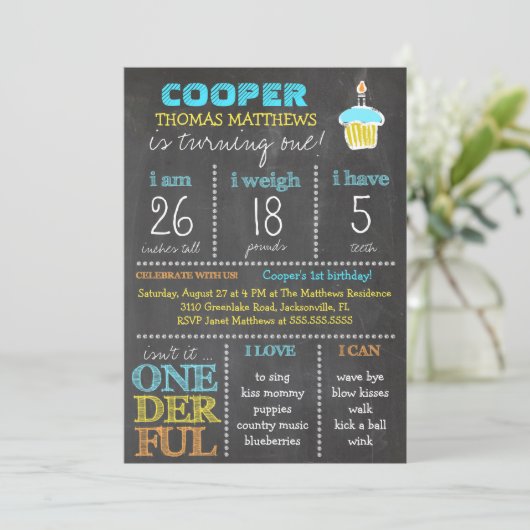 GC nederful First Birthday Boy Chalkboard Kaart (Staand voorkant)