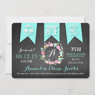 GC Turquoise Girl First Birthday Banner Chalkboard Kaart