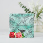 GC | vogel en Roos | Turquoise Damask Kaart (Staand voorkant)