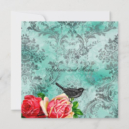 GC | vogel en Roos | Turquoise Damask Kaart (Voorkant)