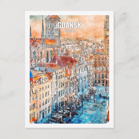 Gdansk Polen Beroemde reis Waterverf schets Briefkaart (Voorkant)