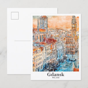 Gdansk Polen Reizen Waterverf Hand getekend Briefkaart