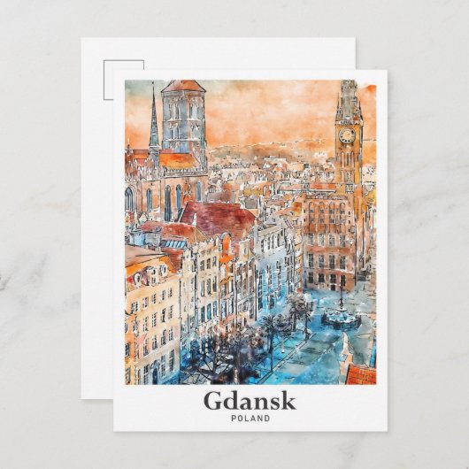 Gdansk Polen Reizen Waterverf Hand getekend Briefkaart (Voorkant / Achterkant)