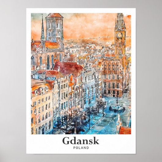Gdansk Polen Reizen Waterverf Hand getekend Poster (Voorkant)