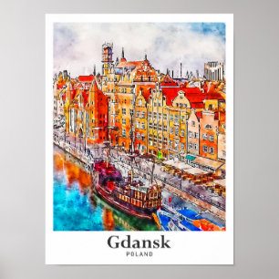 Gdansk Polen Reizen Waterverf Hand getekend Poster