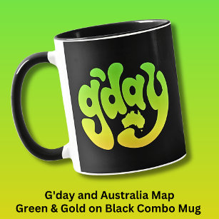 G'DAY met Australië Kaart Groen Goud op Zwart Mok