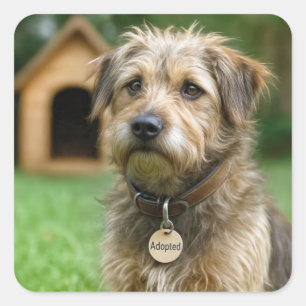 Geadopteerde ruwharige hond met hondenhok vierkante sticker