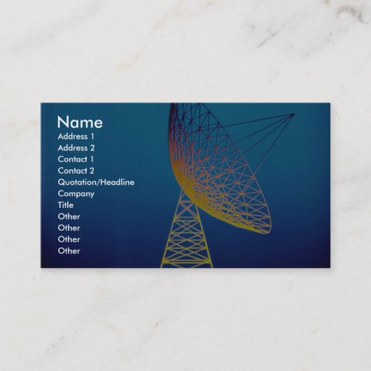 Geanimeerd schoteltje boven blauwe achtergrond visitekaartje (Voorkant)