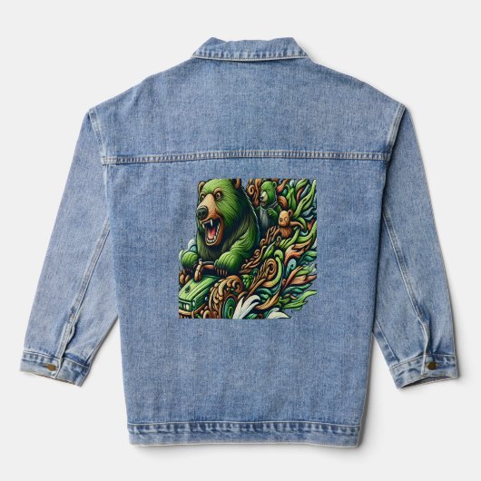 Geanimeerde Beren Rijden op een groene auto Denim Jacket (Achterkant)