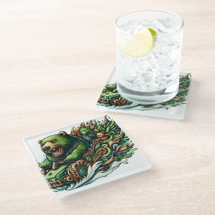 Geanimeerde Beren Rijden op een groene auto Glazen Onderzetter