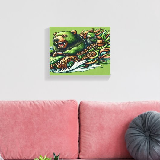 Geanimeerde Beren Rijden op een groene auto in een Canvas Afdruk (Insitu (Woonkamer))