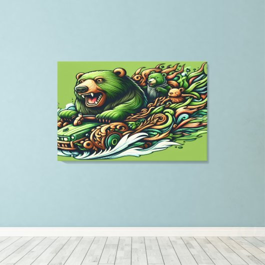 Geanimeerde Beren Rijden op een groene auto in een Canvas Afdruk (Insitu (Houten vloer))