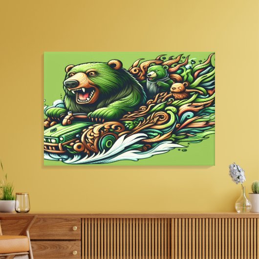 Geanimeerde Beren Rijden op een groene auto in een Canvas Afdruk (Insitu (Woonkamer))