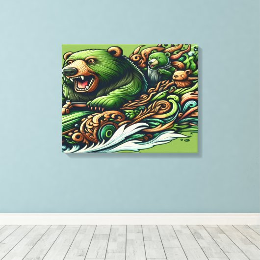Geanimeerde Beren Rijden op een groene auto in een Canvas Afdruk (Insitu (Houten vloer))