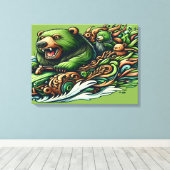 Geanimeerde Beren Rijden op een groene auto in een Canvas Afdruk (Insitu (Houten vloer))