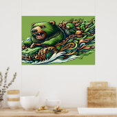 Geanimeerde Beren Rijden op een groene auto in een Poster (Keuken)