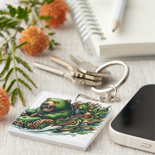 Geanimeerde Beren Rijden op een groene auto Sleutelhanger (Voorkant Rechts)