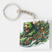 Geanimeerde Beren Rijden op een groene auto Sleutelhanger (Voorkant)