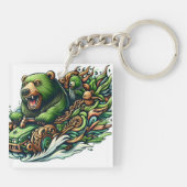 Geanimeerde Beren Rijden op een groene auto Sleutelhanger (Achterkant)