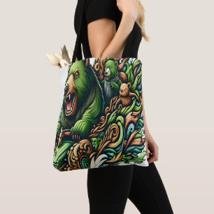 Geanimeerde Beren Rijden op een groene auto Tote Bag