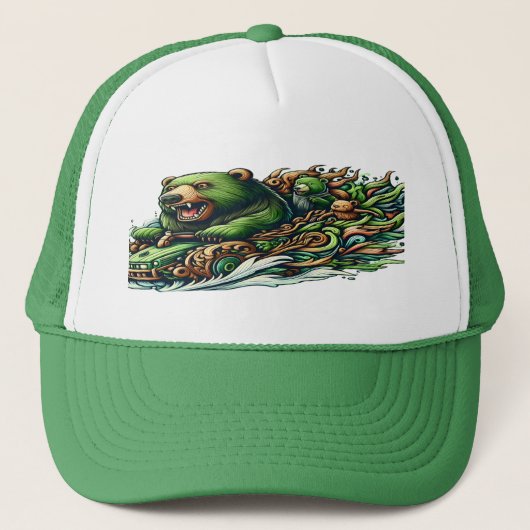 Geanimeerde Beren Rijden op een groene auto Trucker Pet (Voorkant)