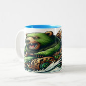 Geanimeerde Beren Rijden op een groene auto Tweekleurige Koffiemok (Voorkant links)